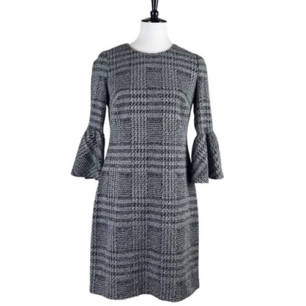 Calvin Klein Bell Sleeve Sheath Houndstooth Plaid Dress